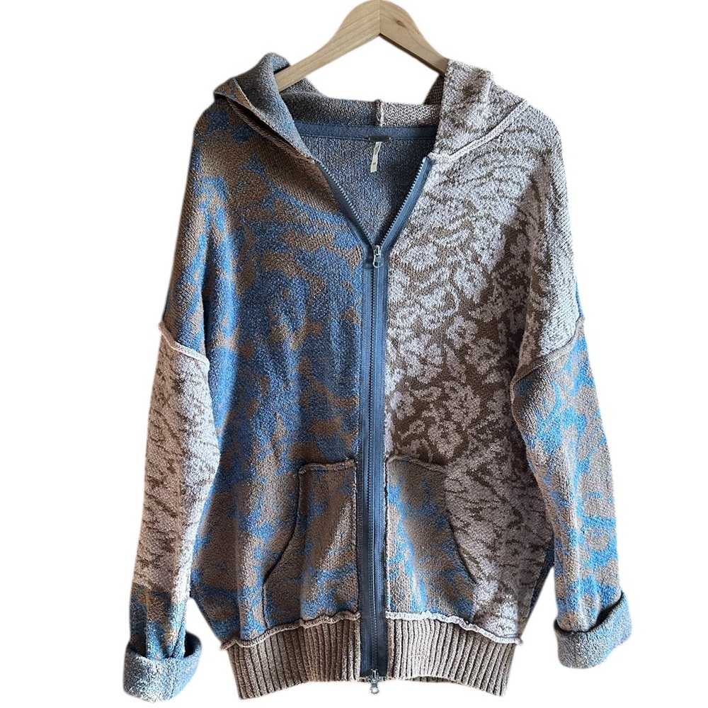 Free People In Bloom Hooded Sweater Cardigan Zip Hoodie Tan Brown Pink Blue XS - Picture 3 of 15